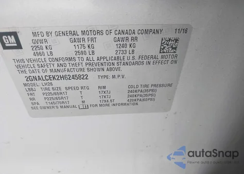 2017 Chevrolet Equinox Lt из США, поврежденный, VIN 2GNALCEK2H6245822